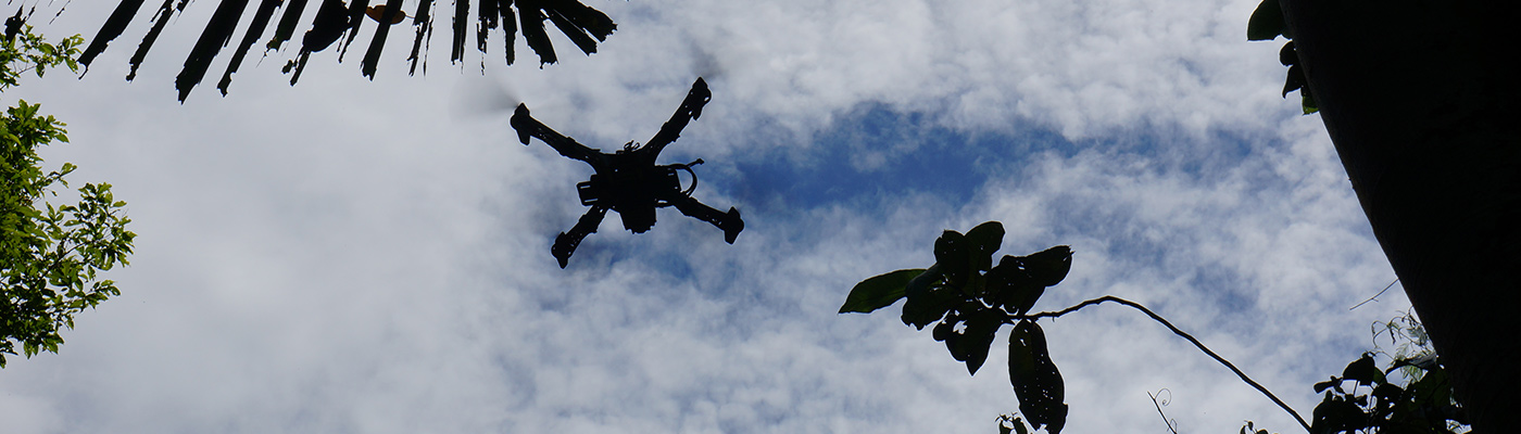 Drone silhouette in front of cloudy blue sky